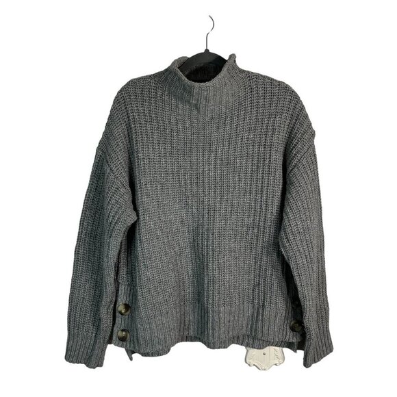Madewell Mock Neck Side-Button Pull Over Sweater Chunky Knit Wool Blend Gray M - Picture 3 of 11